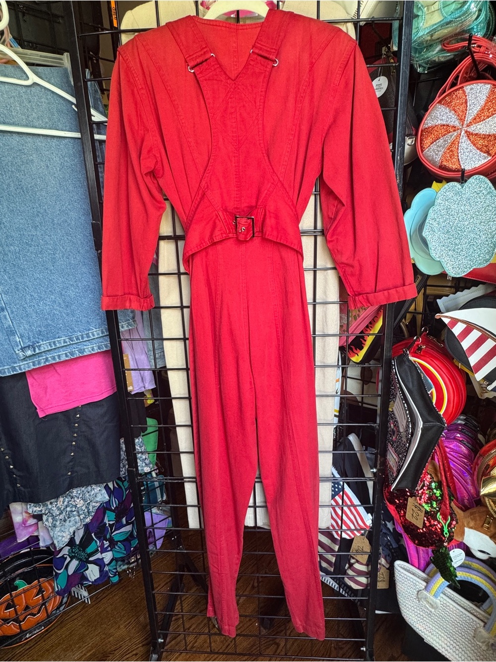 VTG 80's Karen Alexander Red Buckles & Buttons Jumpsuit - Picture 12 of 15